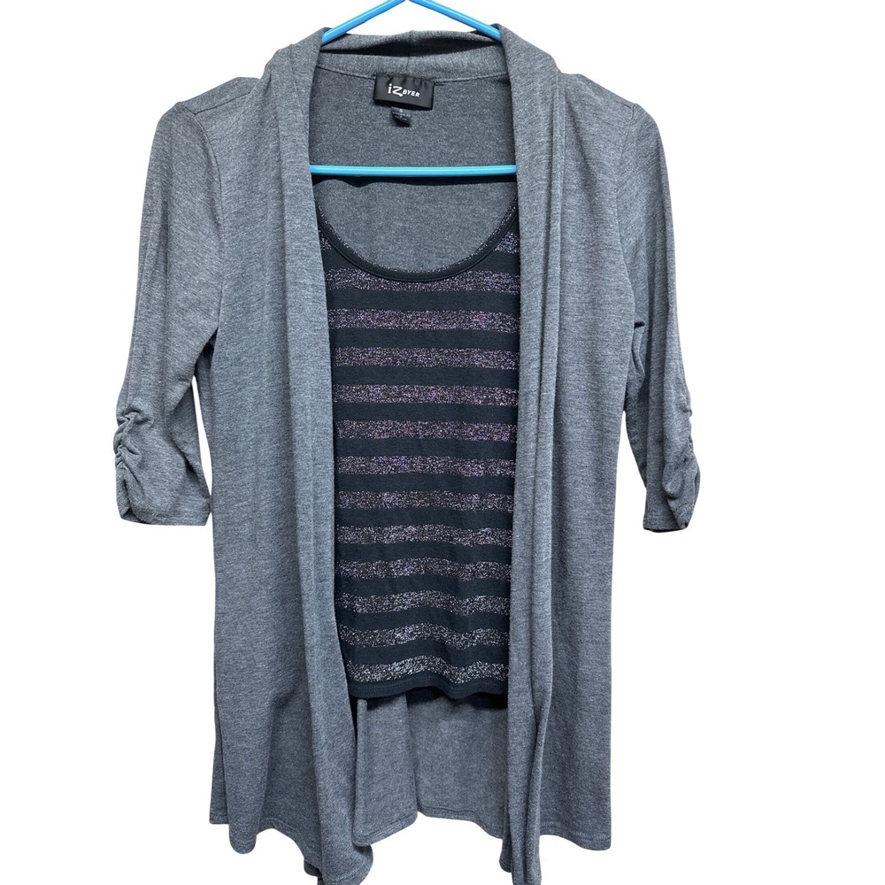 IZ Byer Women's Grey Black Cardigan Tank Top Set 3/4 Sleeve Ruched Size Small - Picture 2 of 9